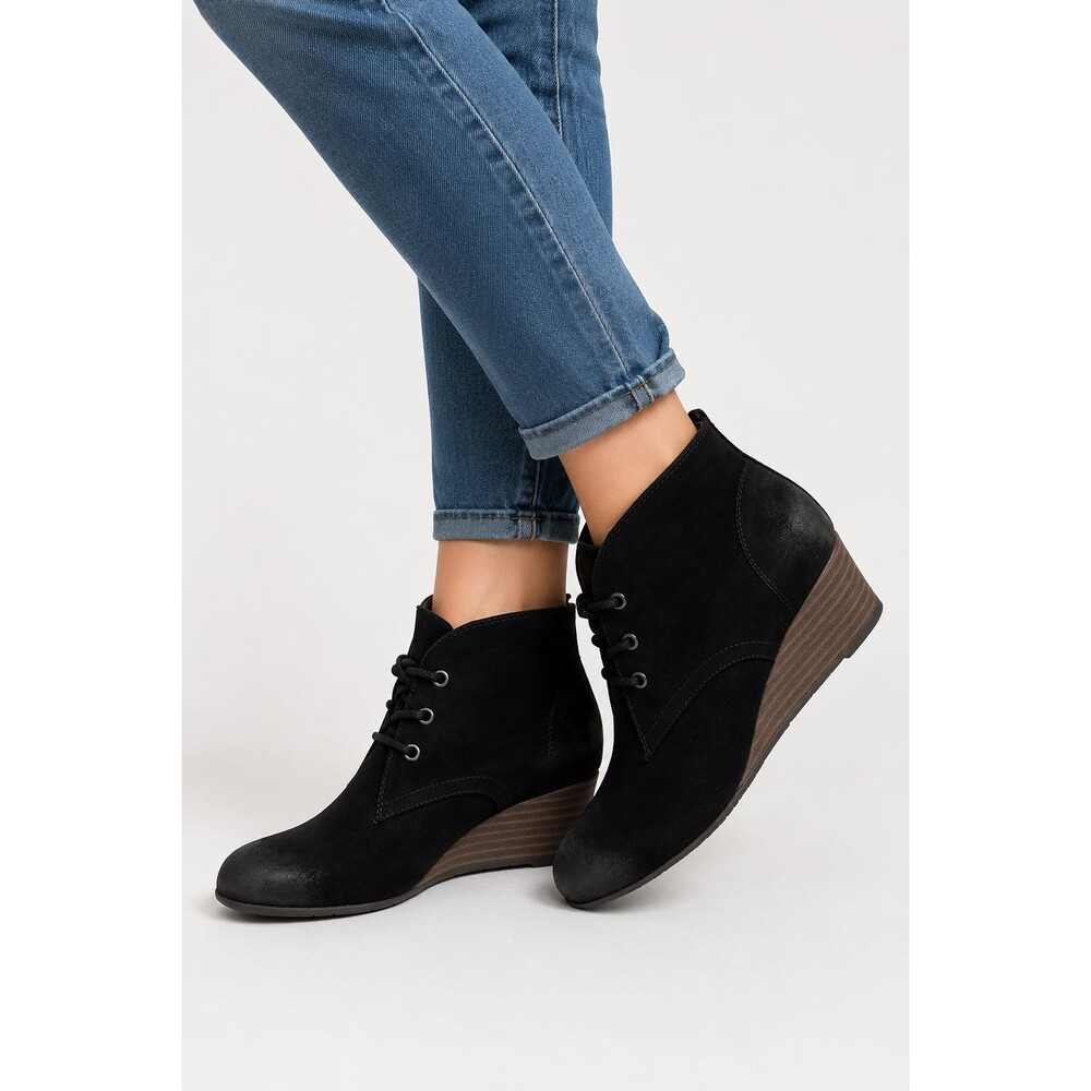 Vegan Suede Wedge Ankle Boots Womens 6 Black Lace Up Distressed Western Boho New